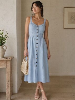 Japna Blue Midi Dress Button Front A-Line lyocell Cottagecore Clean Girl Brunch